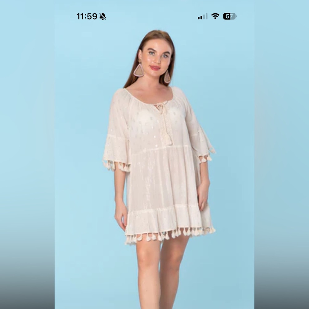 Ranee’s Miami Cream Tunic with Tassel Accents Swim Coverup L/XL NWT